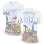 Custom White Light Blue 3D Pattern Design Colorful Flowers And Mushrooms Psychedelic Hallucination Performance T-Shirt