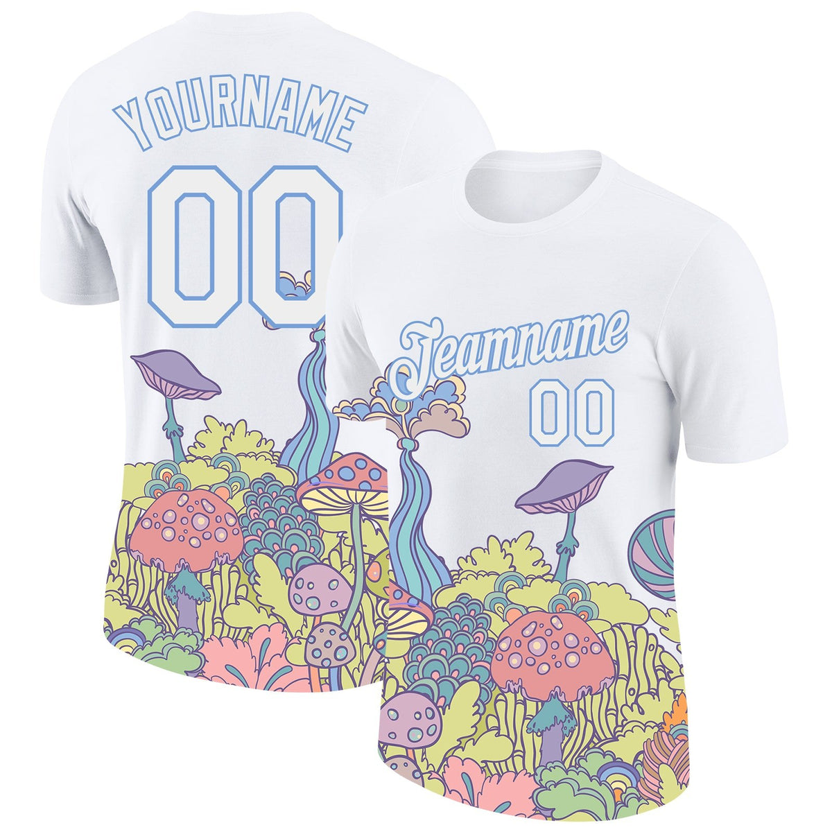 Custom White Light Blue 3D Pattern Design Colorful Flowers And Mushrooms Psychedelic Hallucination Performance T-Shirt photo 1