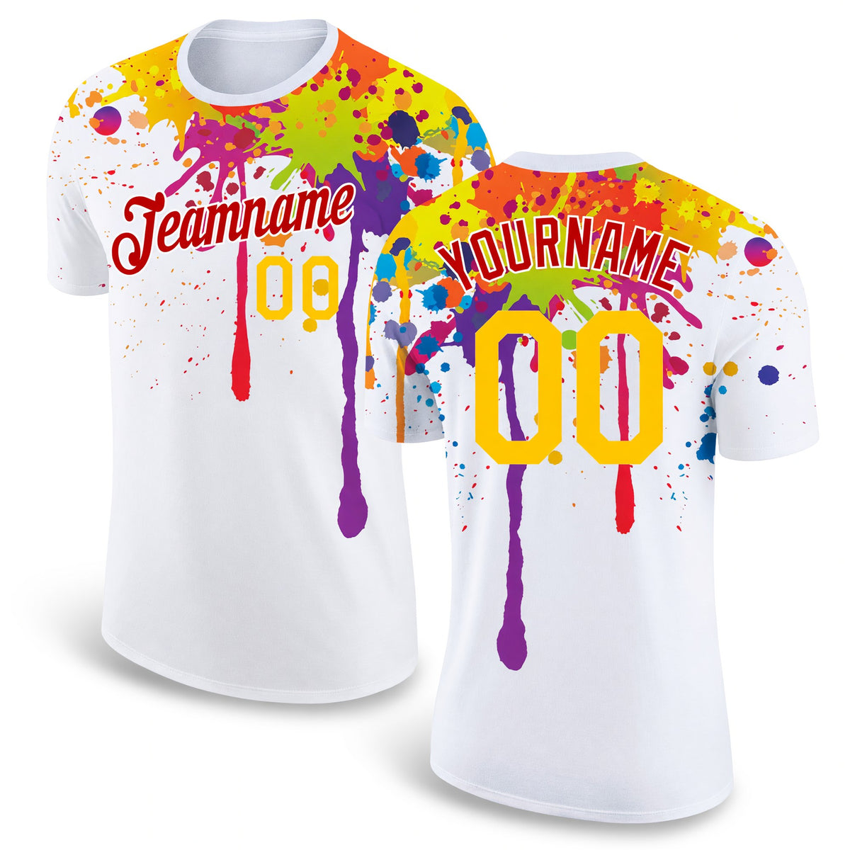 Custom White Yellow-Red 3D Pattern Design Colorful Bright Ink Splashes Performance T-Shirt