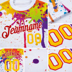 Custom White Yellow-Red 3D Pattern Design Colorful Bright Ink Splashes Performance T-Shirt detail