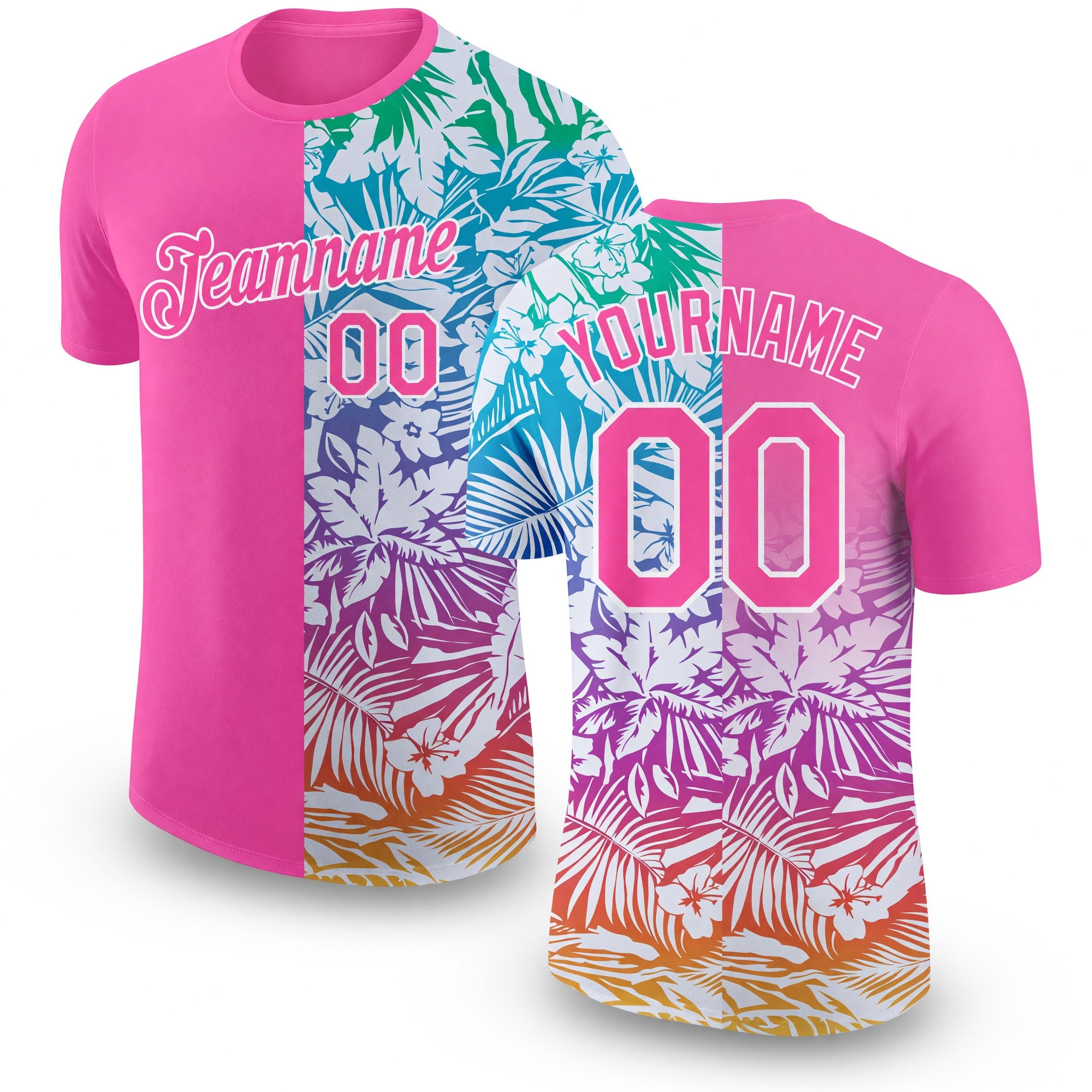 Custom Pink White 3D Pattern Design Tropical Palm Leaves Performance T-Shirt