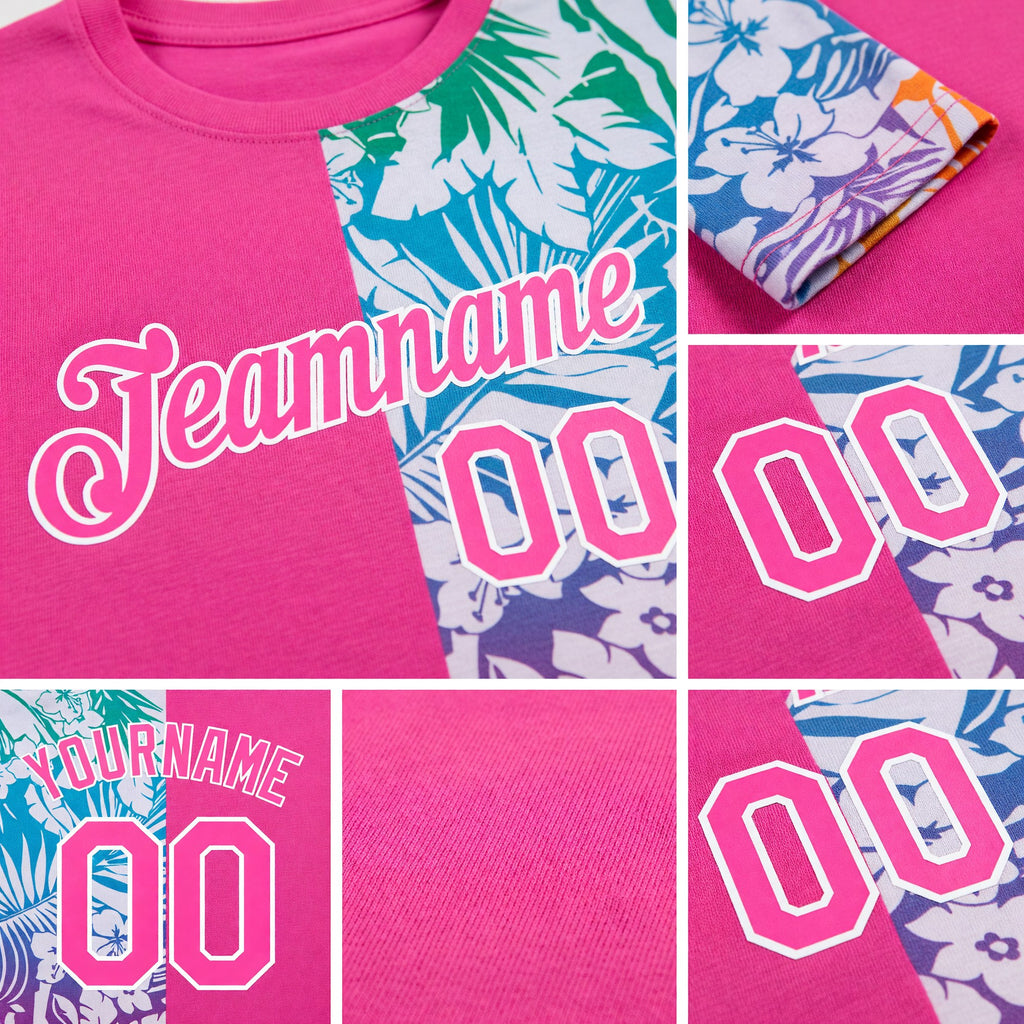 Custom Pink White 3D Pattern Design Tropical Palm Leaves Performance T-Shirt detail