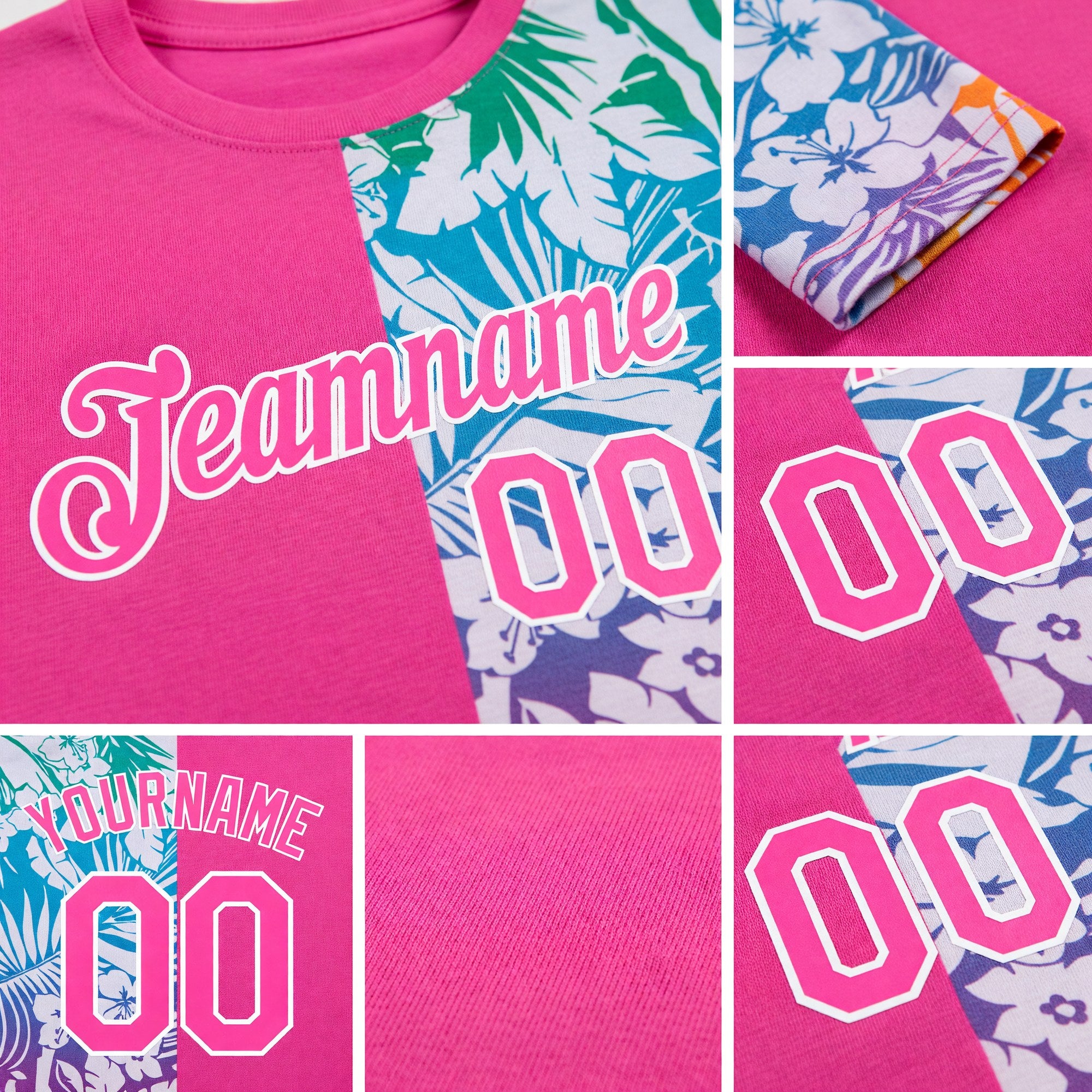 Custom Pink White 3D Pattern Design Tropical Palm Leaves Performance T-Shirt detail