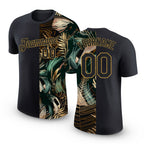 Custom Black Old Gold 3D Pattern Design Golden And Green Tropical Leaves In The Style Of Jungle And Hawaii Performance T-Shirt