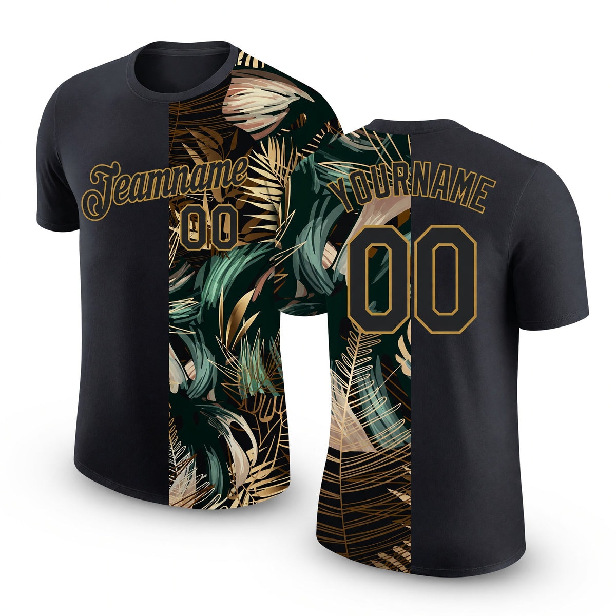 Custom Black Old Gold 3D Pattern Design Golden And Green Tropical Leaves In The Style Of Jungle And Hawaii Performance T-Shirt