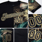 Custom Black Old Gold 3D Pattern Design Golden And Green Tropical Leaves In The Style Of Jungle And Hawaii Performance T-Shirt detail