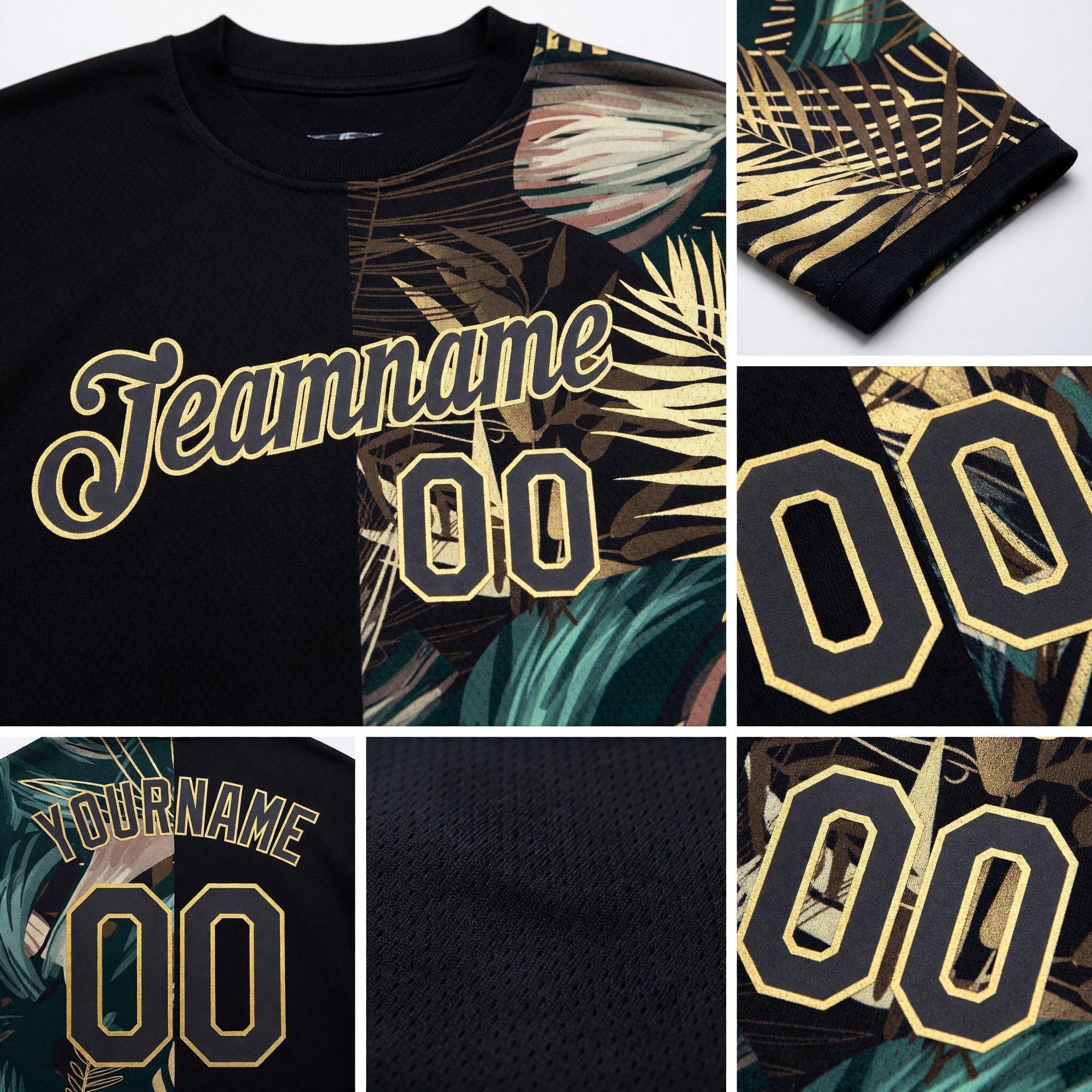 Custom Black Old Gold 3D Pattern Design Golden And Green Tropical Leaves In The Style Of Jungle And Hawaii Performance T-Shirt detail