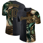 Custom Black Old Gold 3D Pattern Design Golden And Green Tropical Leaves In The Style Of Jungle And Hawaii Performance T-Shirt photo 1