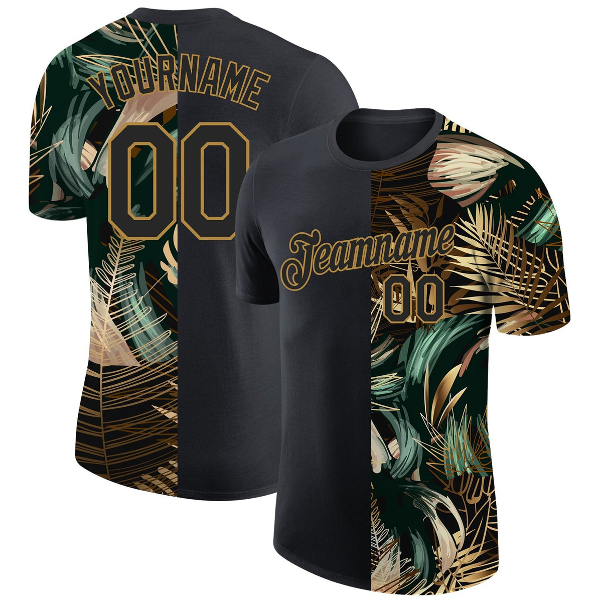Custom Black Old Gold 3D Pattern Design Golden And Green Tropical Leaves In The Style Of Jungle And Hawaii Performance T-Shirt photo 1