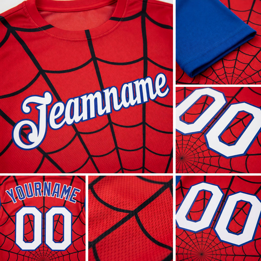 Custom Red White-Royal 3D Pattern Design Spider Performance T-Shirt detail