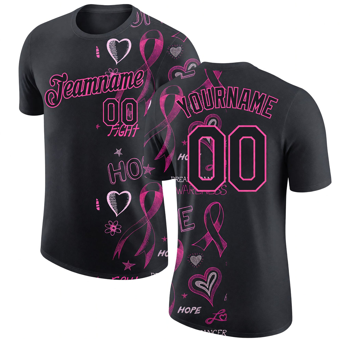 Custom Black Pink 3D Pattern Design Pink Ribbon Breast Cancer Awareness Month Women Health Care Support Performance T-Shirt