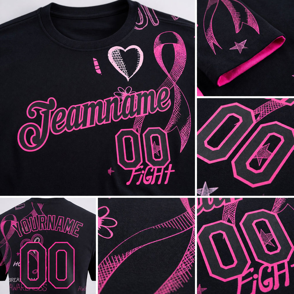 Custom Black Pink 3D Pattern Design Pink Ribbon Breast Cancer Awareness Month Women Health Care Support Performance T-Shirt detail