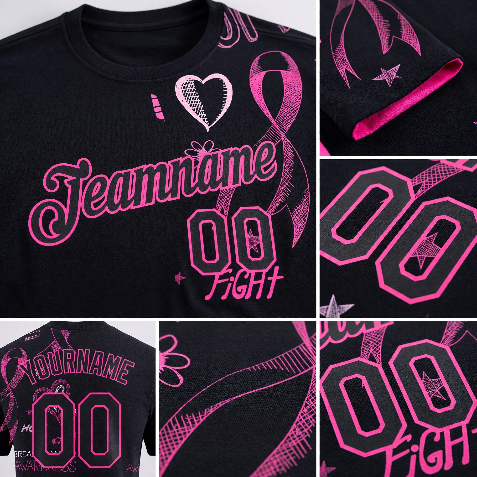 Custom Black Pink 3D Pattern Design Pink Ribbon Breast Cancer Awareness Month Women Health Care Support Performance T-Shirt detail