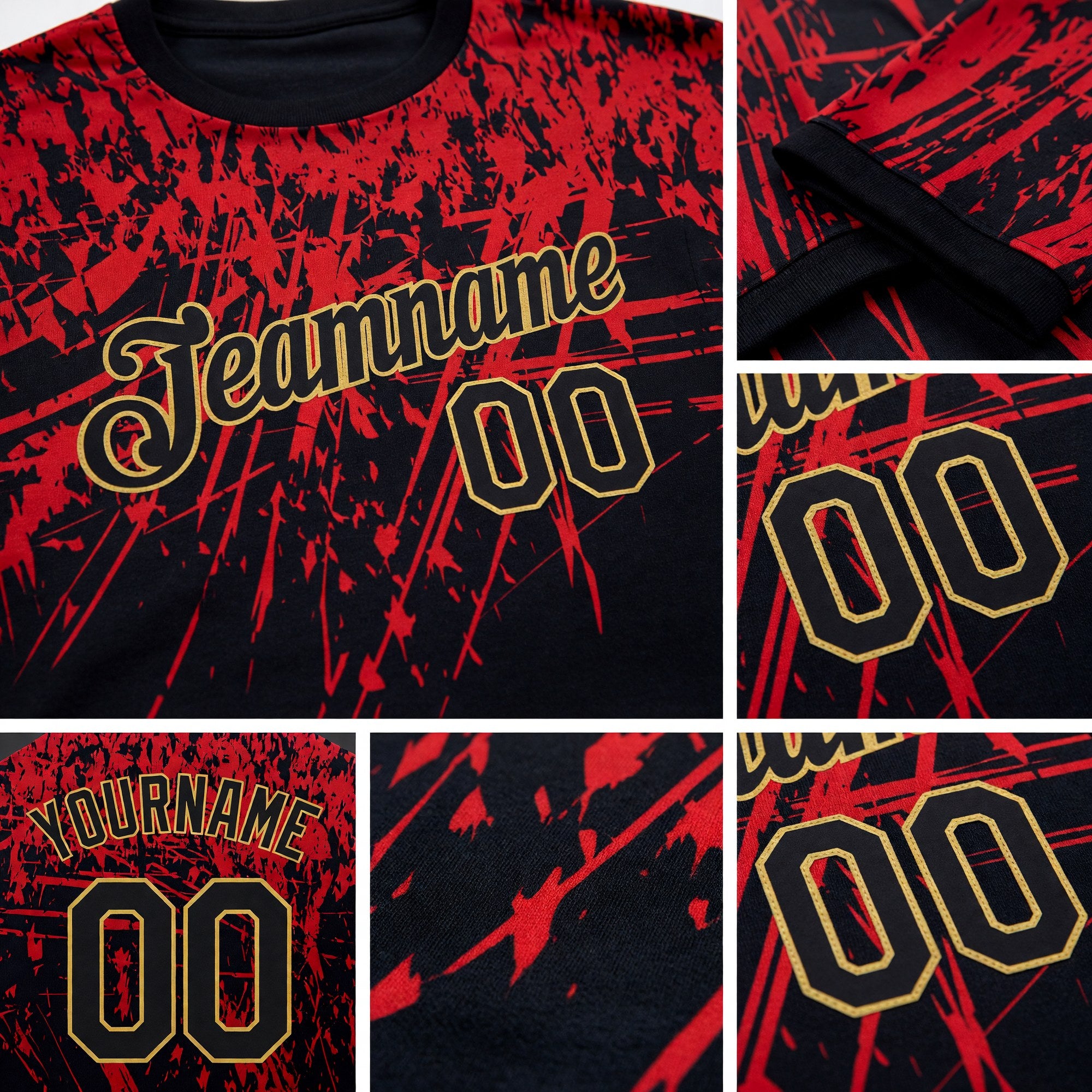 Custom Black Red-Old Gold 3D Pattern Design Performance T-Shirt detail