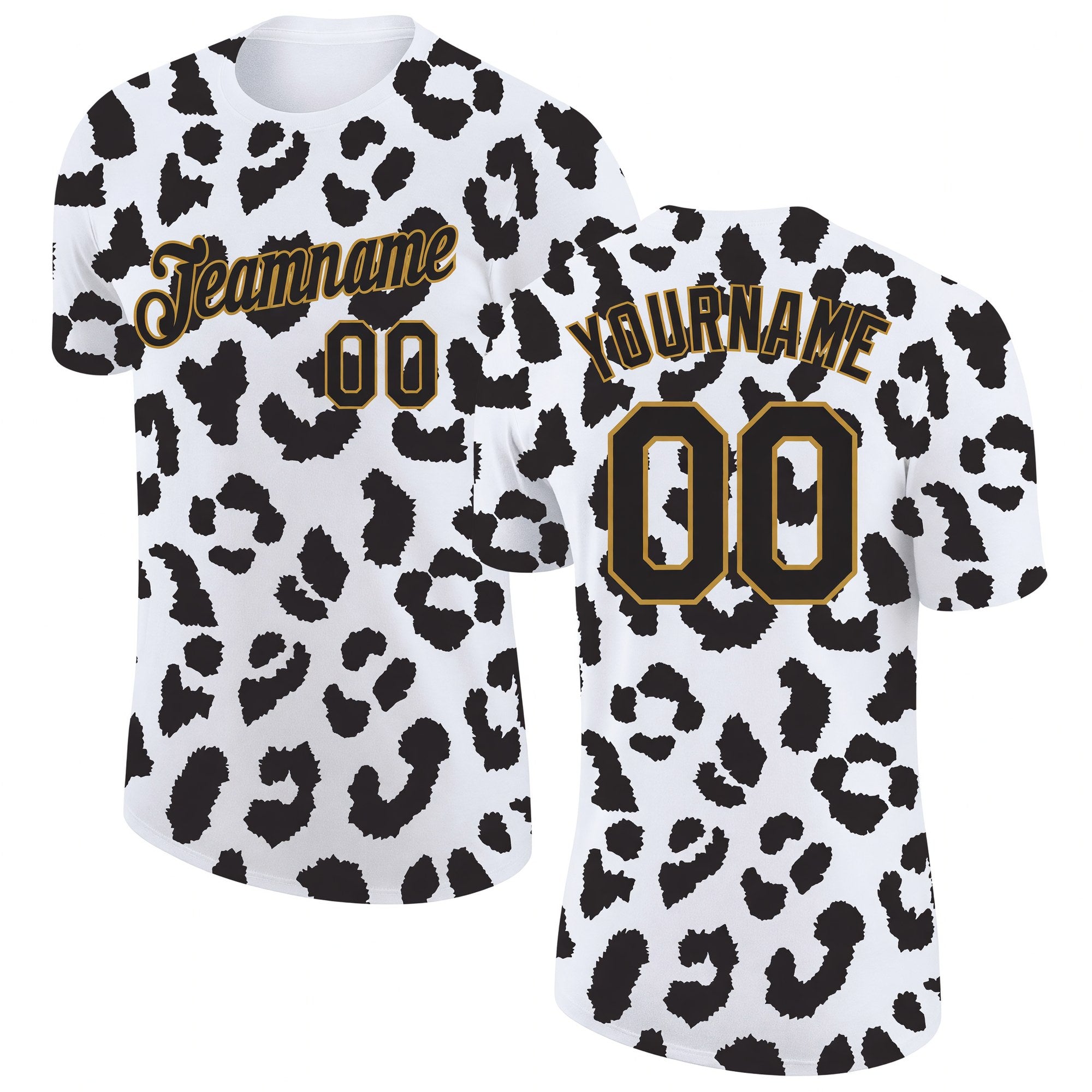 Custom White Black-Old Gold 3D Pattern Design Leopard Performance T-Shirt