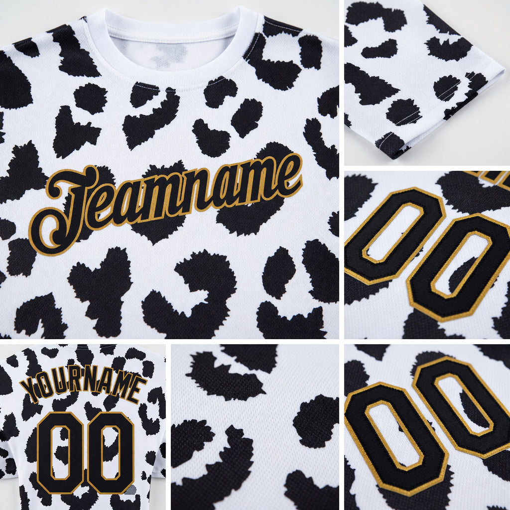 Custom White Black-Old Gold 3D Pattern Design Leopard Performance T-Shirt detail