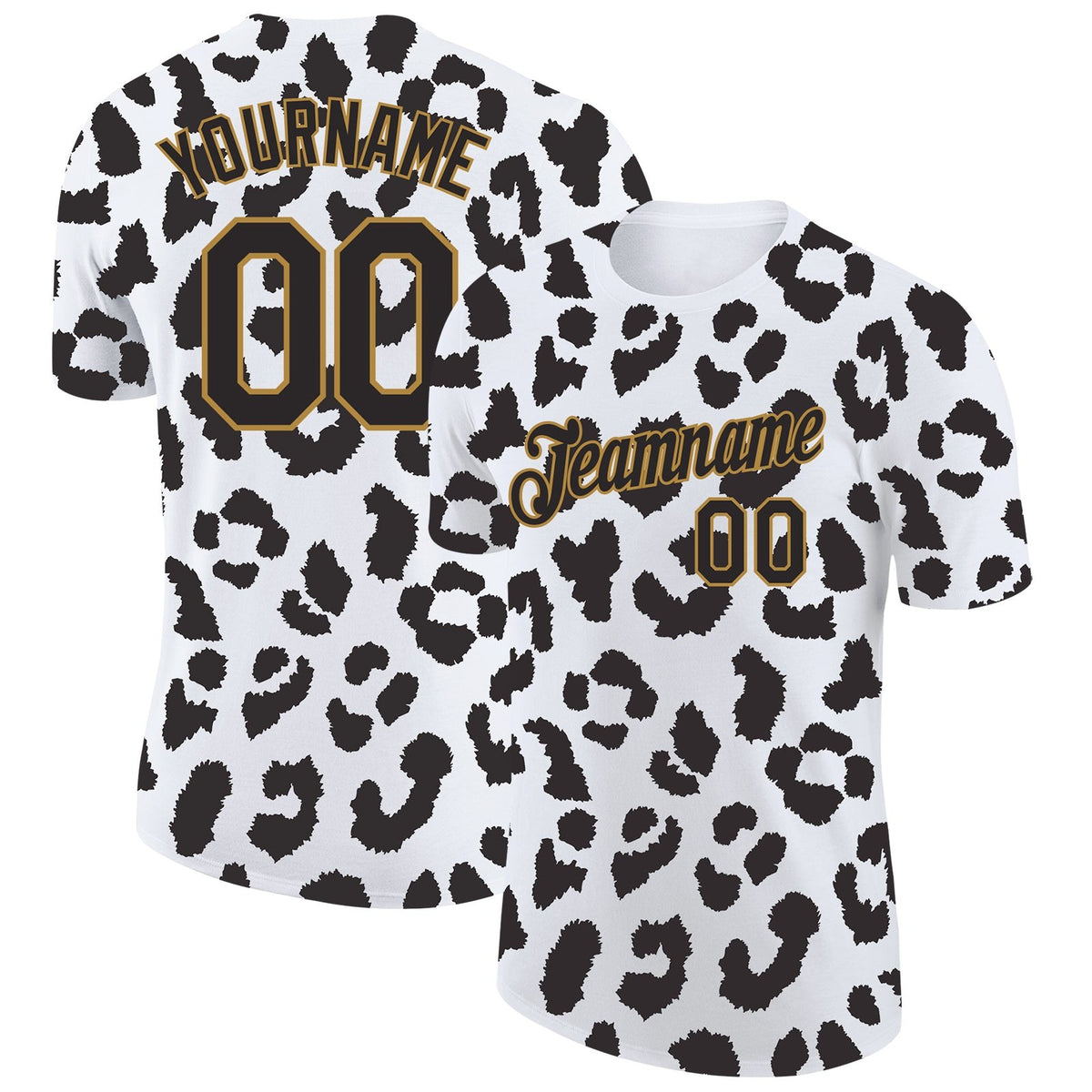 Custom White Black-Old Gold 3D Pattern Design Leopard Performance T-Shirt photo 1