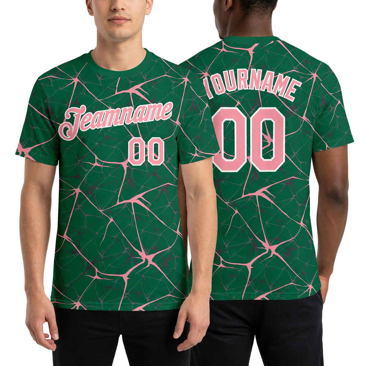 Custom Kelly Green Medium Pink Gray-White Abstract Network Crackle Performance T-Shirt worn front and back