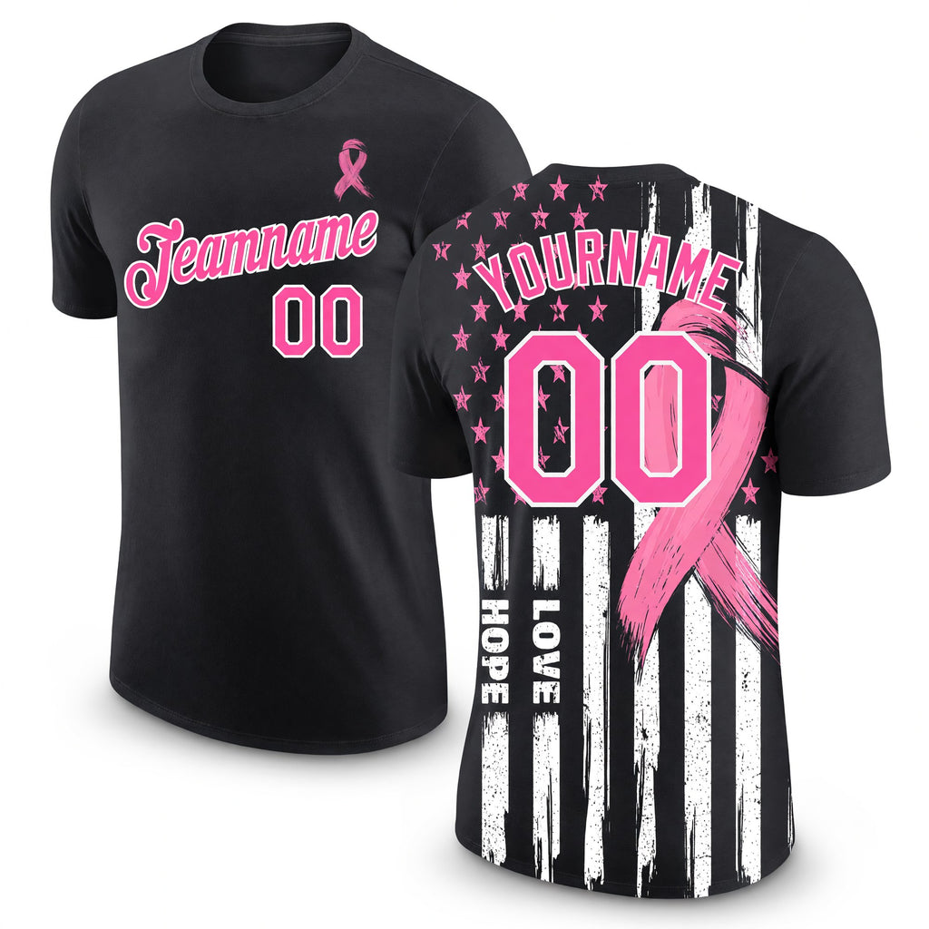 Custom Black Pink-White 3D Pattern Design American Flag With Pink Ribbon Breast Cancer Awareness Month Women Health Care Support Performance T-Shirt