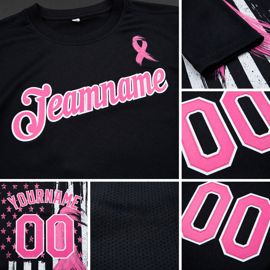 Custom Black Pink-White 3D Pattern Design American Flag With Pink Ribbon Breast Cancer Awareness Month Women Health Care Support Performance T-Shirt detail