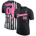 Custom Black Pink-White 3D Pattern Design American Flag With Pink Ribbon Breast Cancer Awareness Month Women Health Care Support Performance T-Shirt photo 1