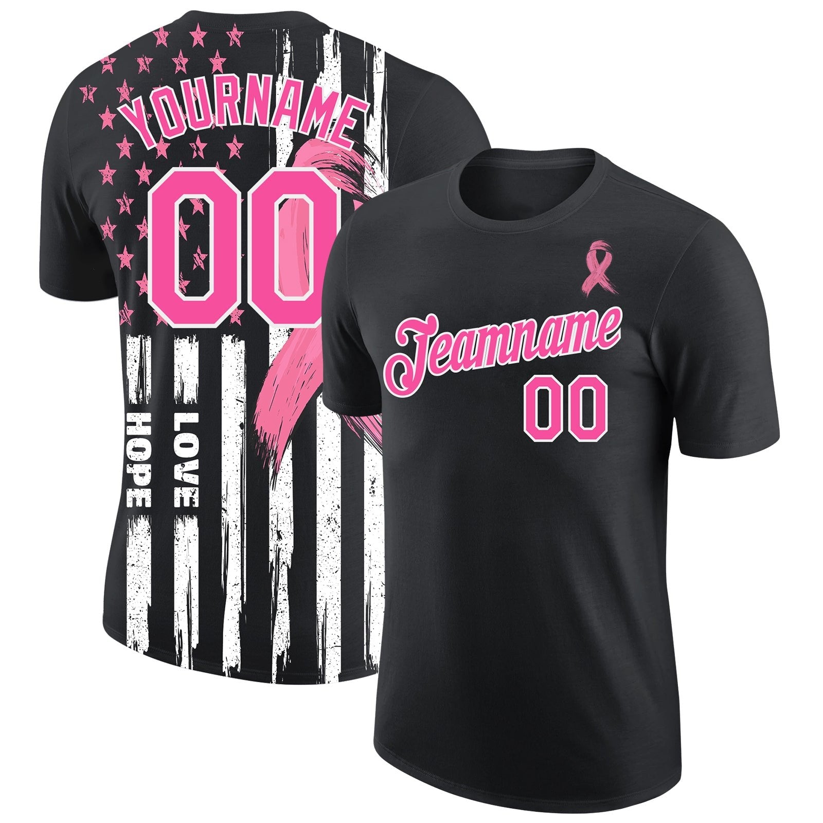 Custom Black Pink-White 3D Pattern Design American Flag With Pink Ribbon Breast Cancer Awareness Month Women Health Care Support Performance T-Shirt photo 1