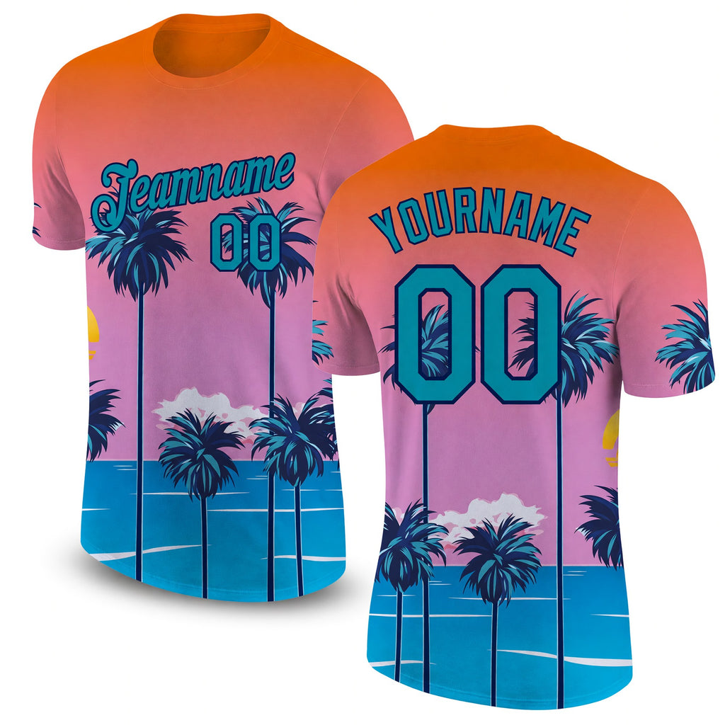 Custom Orange Teal-Navy 3D Pattern Design Sun Beach Hawaii Palm Trees Performance T-Shirt