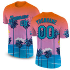 Custom Orange Teal-Navy 3D Pattern Design Sun Beach Hawaii Palm Trees Performance T-Shirt