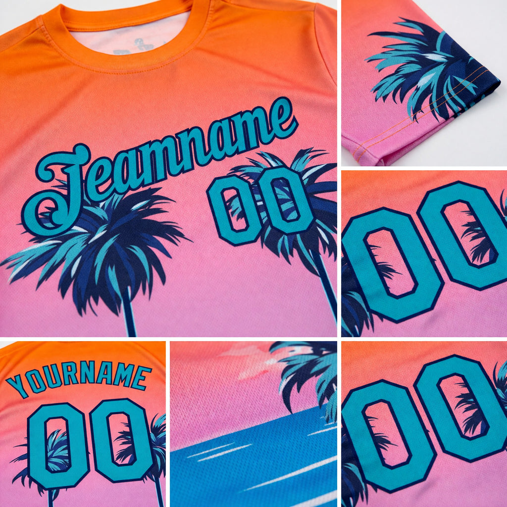 Custom Orange Teal-Navy 3D Pattern Design Sun Beach Hawaii Palm Trees Performance T-Shirt detail