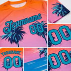 Custom Orange Teal-Navy 3D Pattern Design Sun Beach Hawaii Palm Trees Performance T-Shirt detail