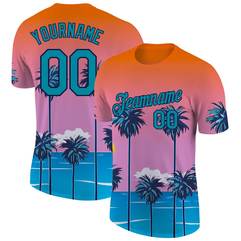 Custom Orange Teal-Navy 3D Pattern Design Sun Beach Hawaii Palm Trees Performance T-Shirt photo 1