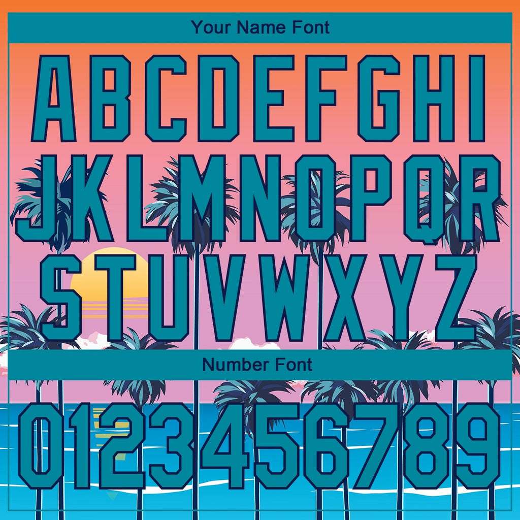 Custom Orange Teal-Navy 3D Pattern Design Sun Beach Hawaii Palm Trees Performance T-Shirt photo 3