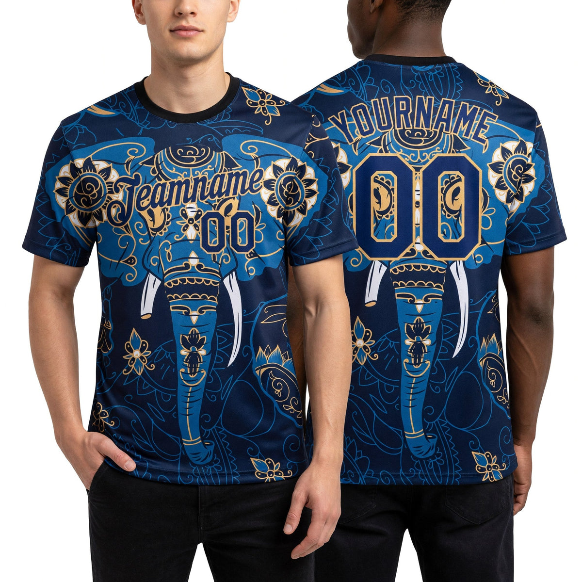 Custom Navy Old Gold 3D Pattern Design Elephant Performance T-Shirt worn front and back