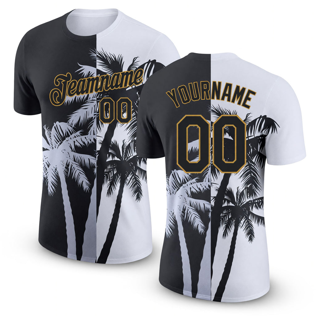 Custom White Black-Old Gold 3D Pattern Design Hawaii Coconut Trees Performance T-Shirt