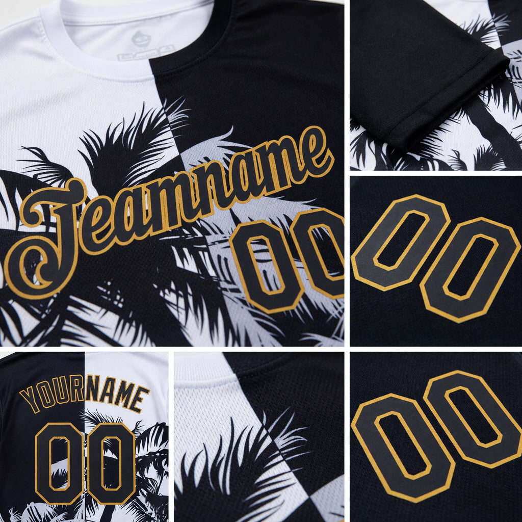 Custom White Black-Old Gold 3D Pattern Design Hawaii Coconut Trees Performance T-Shirt detail