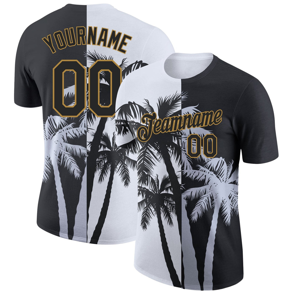 Custom White Black-Old Gold 3D Pattern Design Hawaii Coconut Trees Performance T-Shirt photo 1