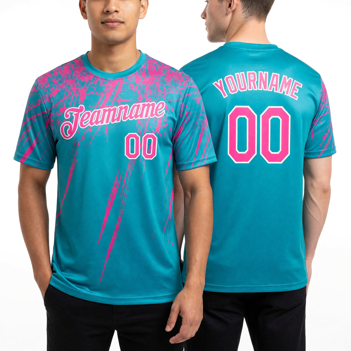 Custom Aqua Pink-White Distressed Scratch Brush Stroke Performance T-Shirt worn front and back