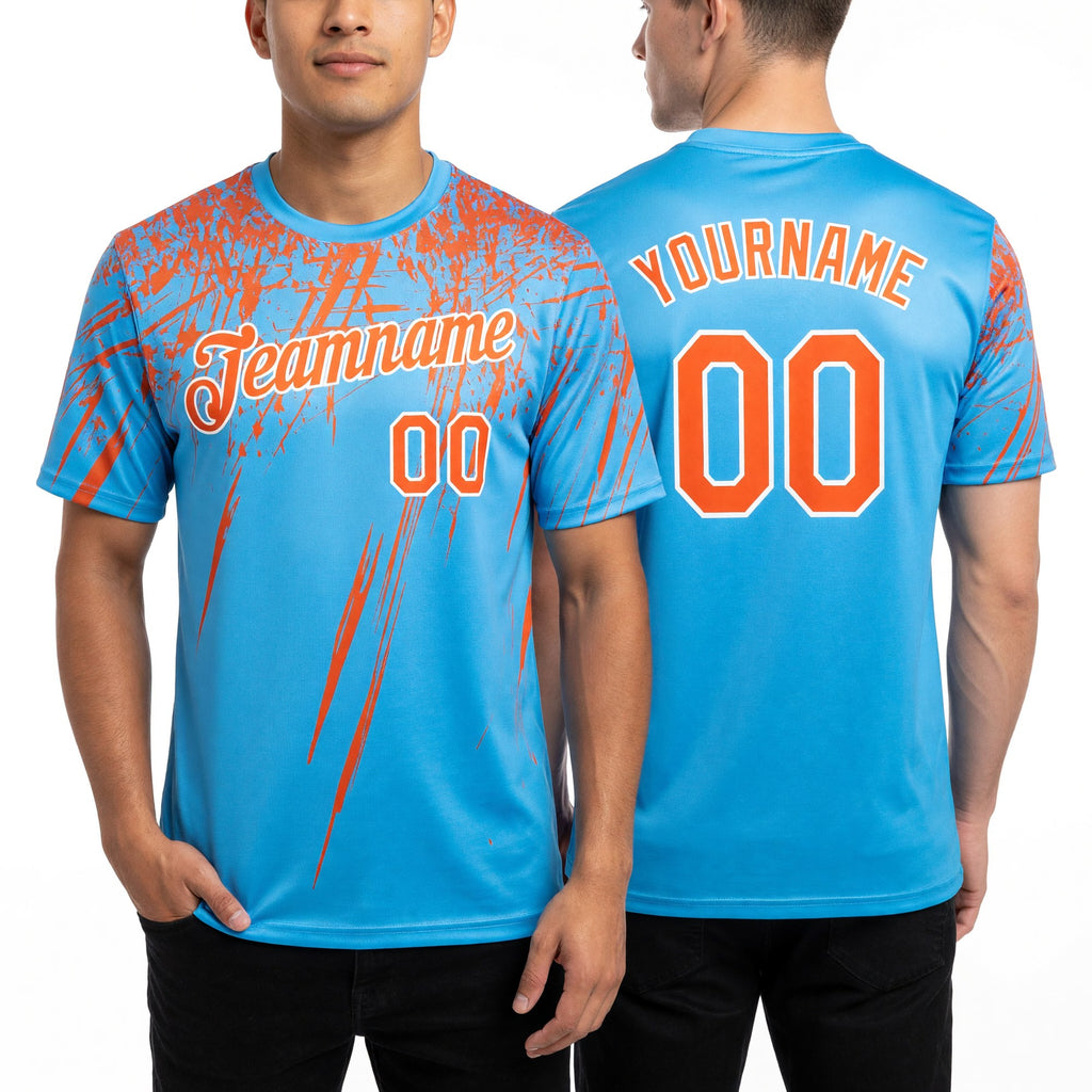 Custom Sky Blue Orange-White Distressed Scratch Brush Stroke Performance T-Shirt worn front and back