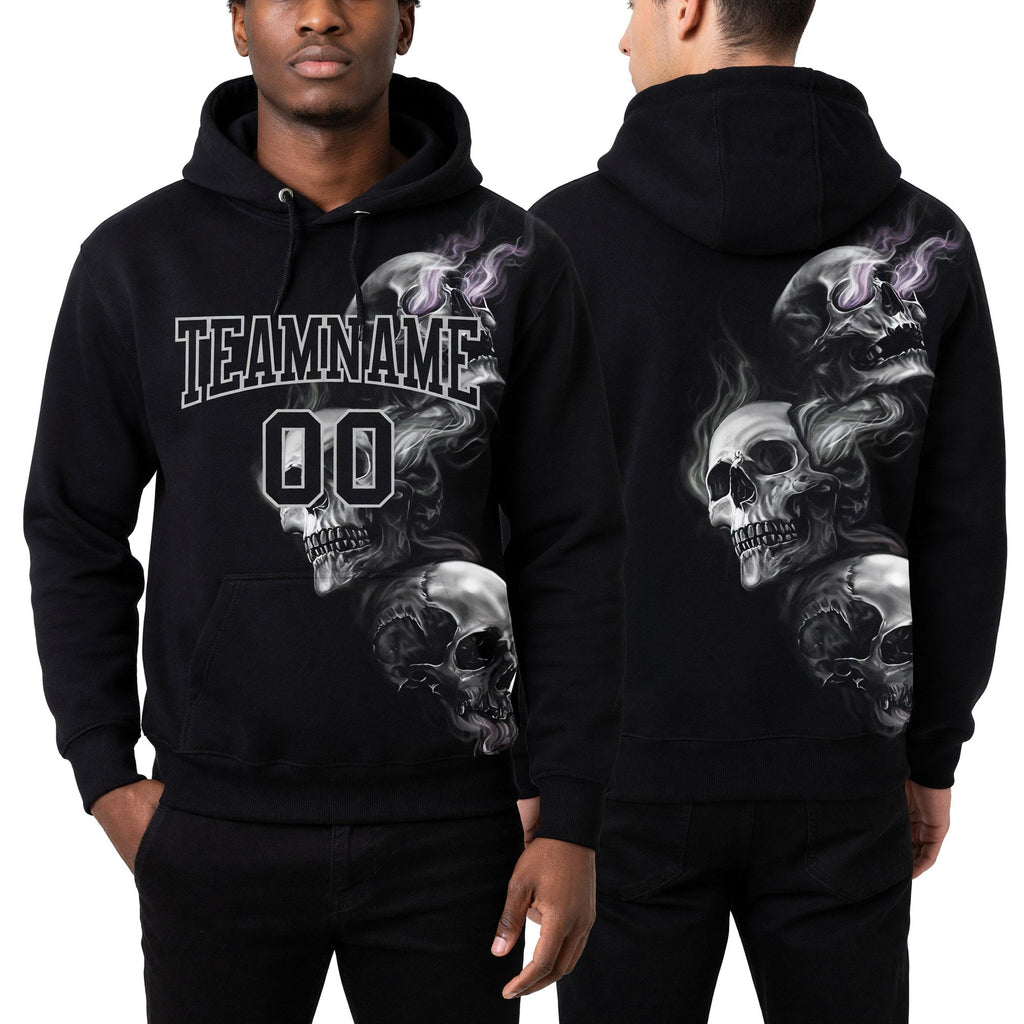 Custom Stitched Black Gray 3D Skull Fashion Sports Pullover Sweatshirt Hoodie worn front and back