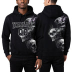 Custom Stitched Black Gray 3D Skull Fashion Sports Pullover Sweatshirt Hoodie worn front and back
