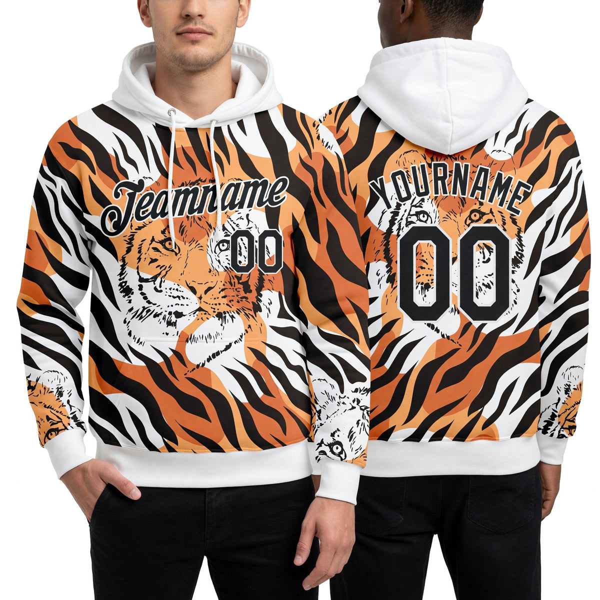 Custom Stitched Orange Black-White 3D Pattern Design Tiger Sports Pullover Sweatshirt Hoodie worn front and back