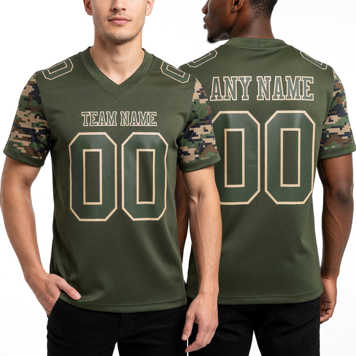 Custom Olive-Cream Authentic Camo Two Tone Salute To Service 7V7 Flag Football Jersey worn front and back