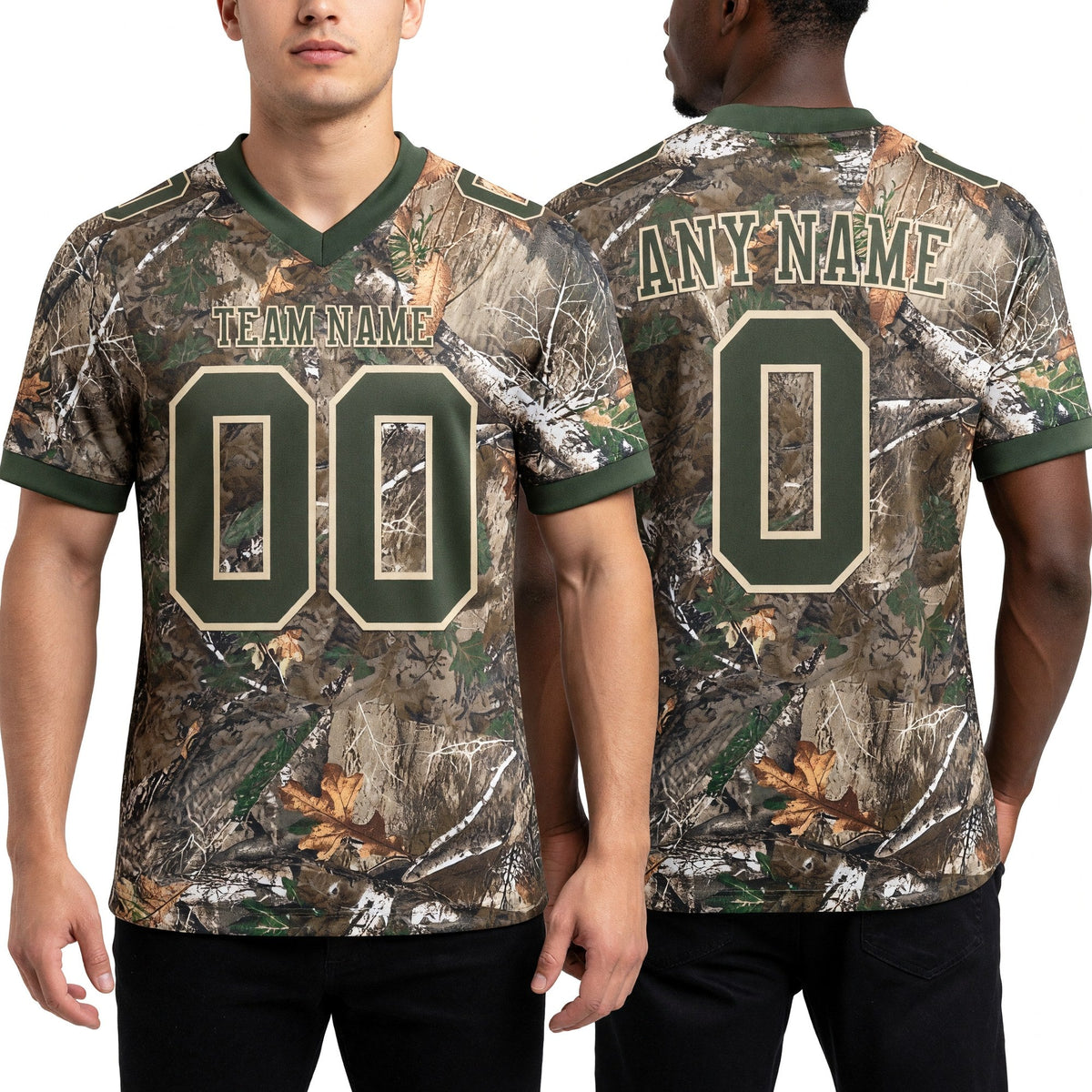 Custom Camo Olive-Cream Authentic Woodland Camouflage Salute To Service 7V7 Flag Football Jersey worn front and back