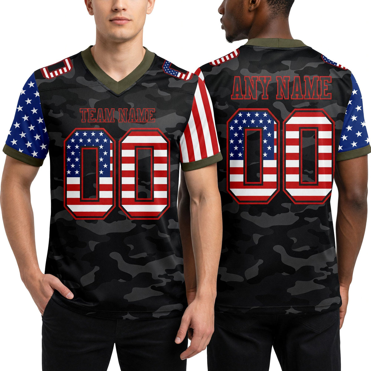 Custom Camo USA Flag Black Red-Olive Authentic Stars And Stripes Two Tone Salute To Service 7V7 Flag Football Jersey worn front and back