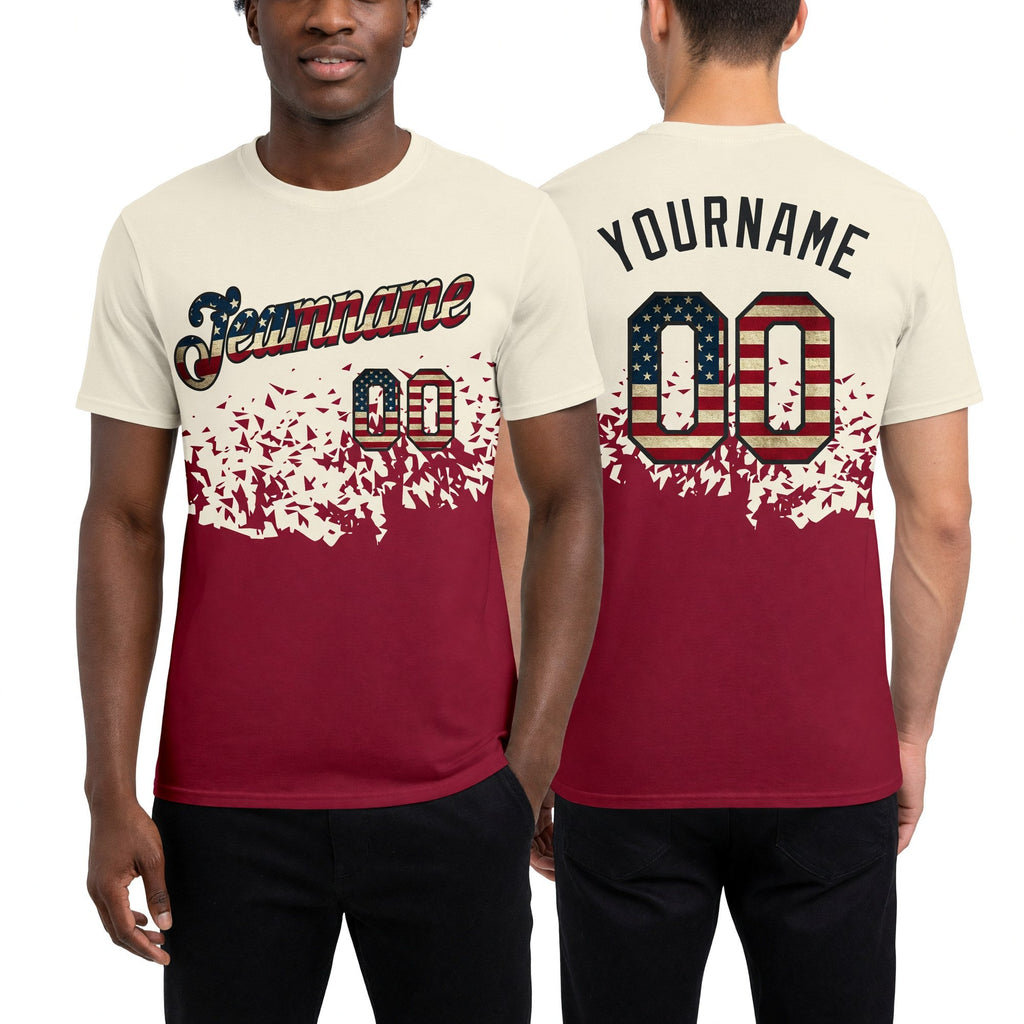 Custom Cream Vintage USA Flag Crimson-Black Fade Geometric Splatter Fragmented Shards Performance T-Shirt worn front and back