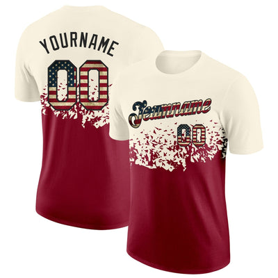 Custom Cream Vintage USA Flag Fade Geometric Performance T-Shirt with Crimson and Black Lettering