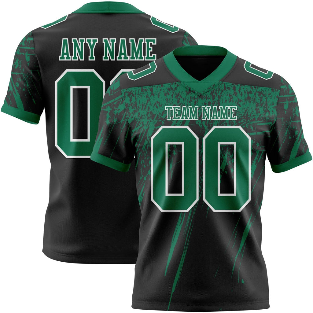 Custom Black Kelly Green-White Authentic Distressed Scratch Brush Stroke Football Jersey