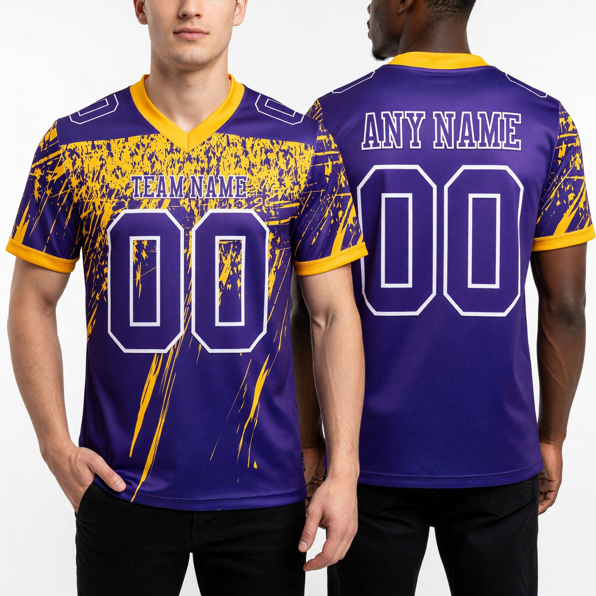 Custom Purple Yellow-White Authentic Distressed Scratch Brush Stroke Football Jersey worn front and back