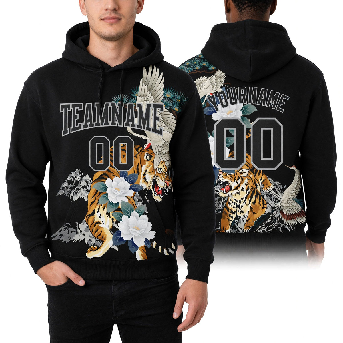 Custom Stitched Black Gray 3D Pattern Design Crane And Tiger Sports Pullover Sweatshirt Hoodie worn front and back