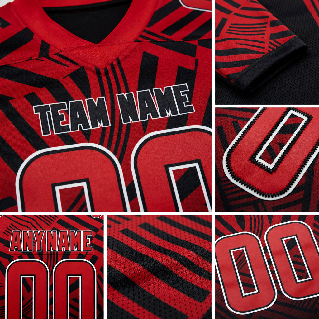 Custom Red Black-White Authentic Abstract Geometric Lines Gradient Football Jersey detail